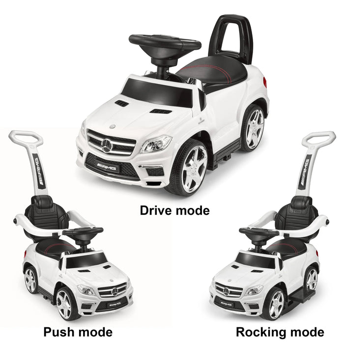 White Mercedes-Benz AMG GL63 4-in-1 Kids Ride-On Car with Push Bar, LED Lights, and MP3 Player, Licensed