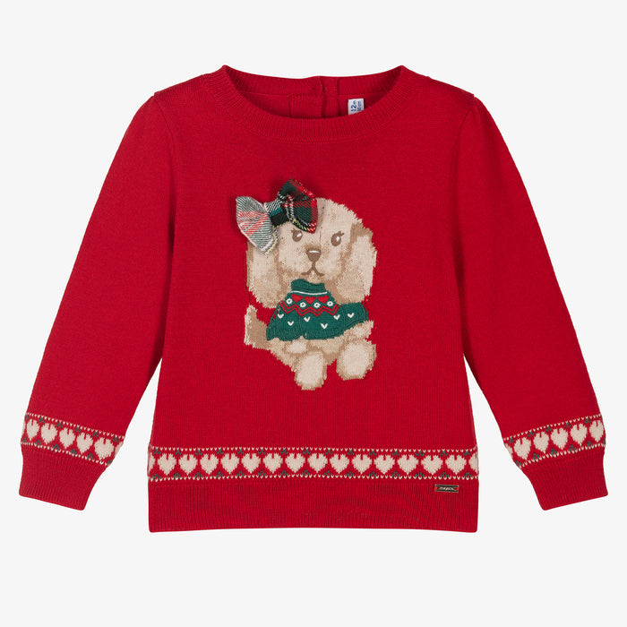 Girls Red Puppy Wool Sweater